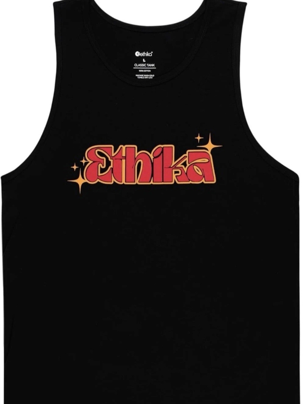 ethika Black Tank with Red and Gold Retro Script Logo